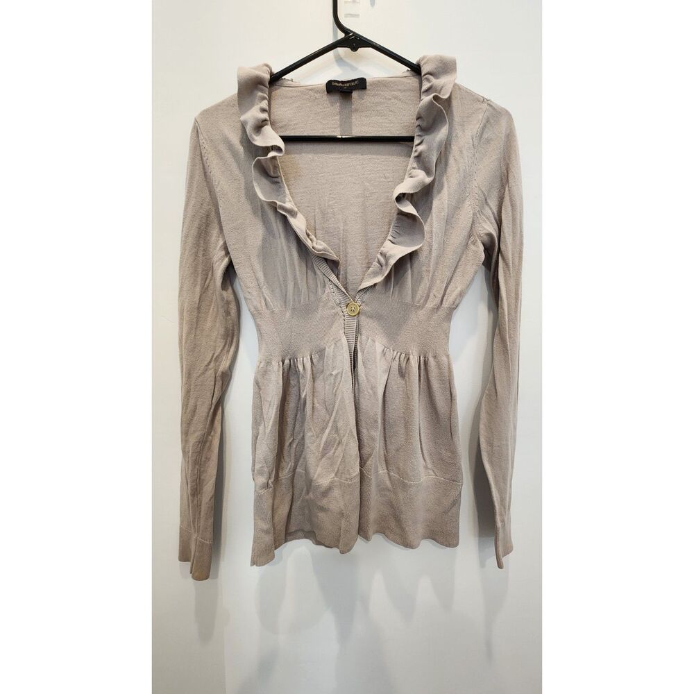 Banana Republic Ruffle Trim V-Neck Cardigan Peplum Waist Taupe Beige
